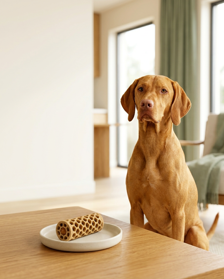 A happy dog at home beside the Lucent dental chew