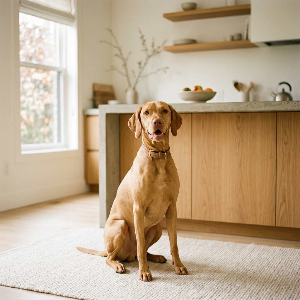 A healthy dog in a bright kitchen, morning light