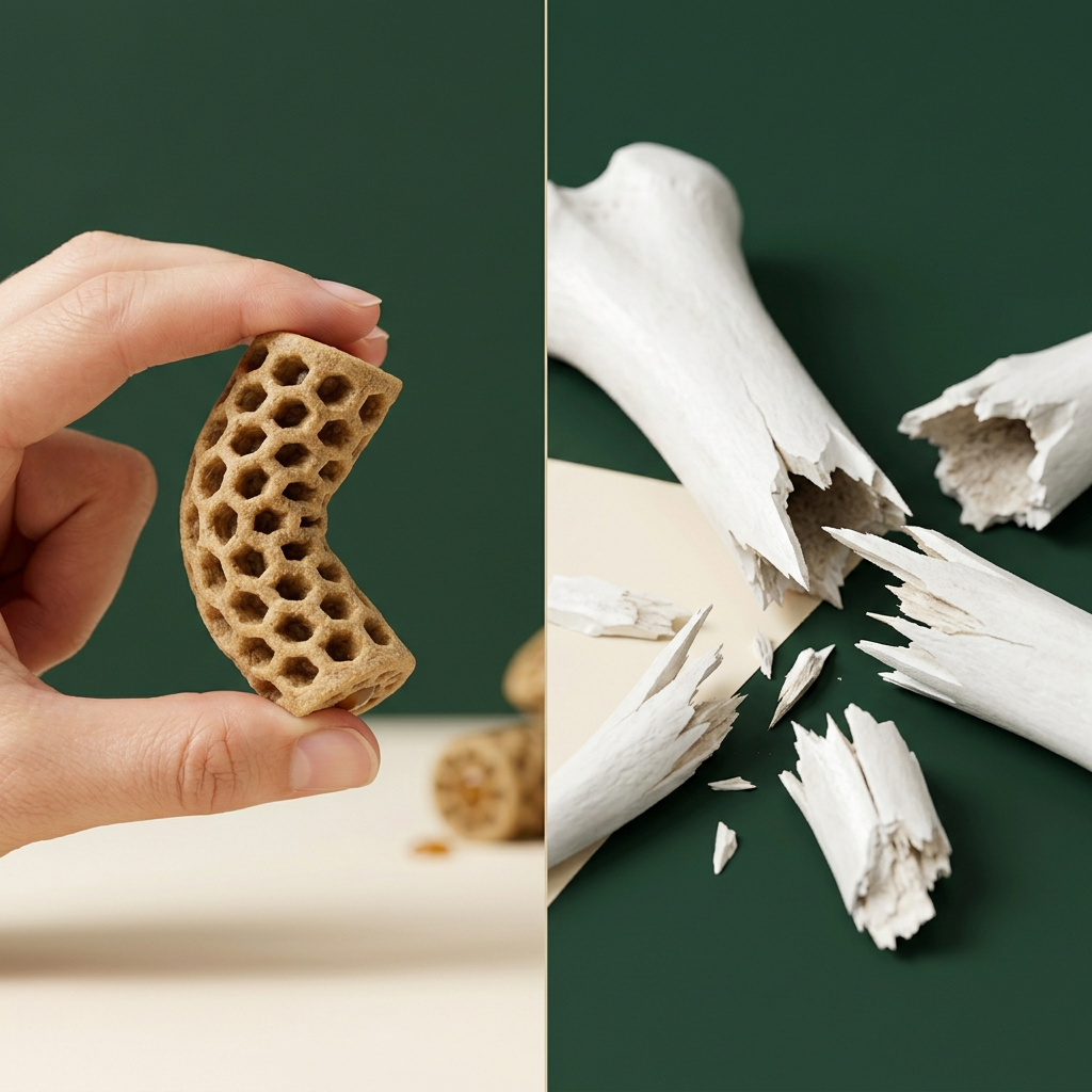 The soft Lucent chew flexing in hand next to a hard bone snapped into sharp shards
