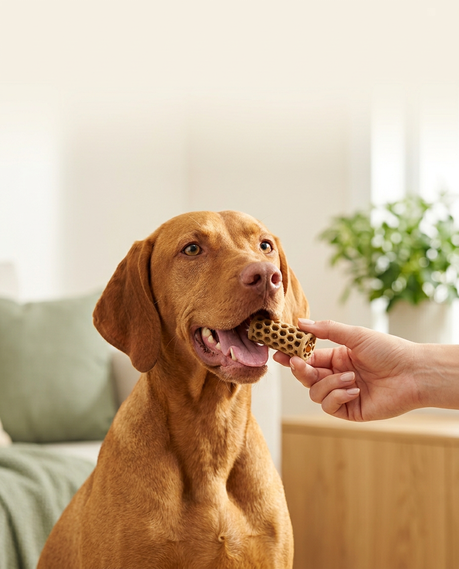 A happy dog eagerly taking a Lucent honeycomb dental chew from an owner's hand