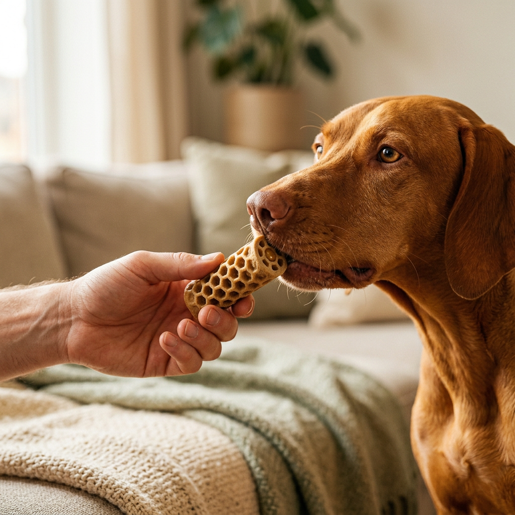 A dog happily taking a Lucent dental chew from an owner's hand