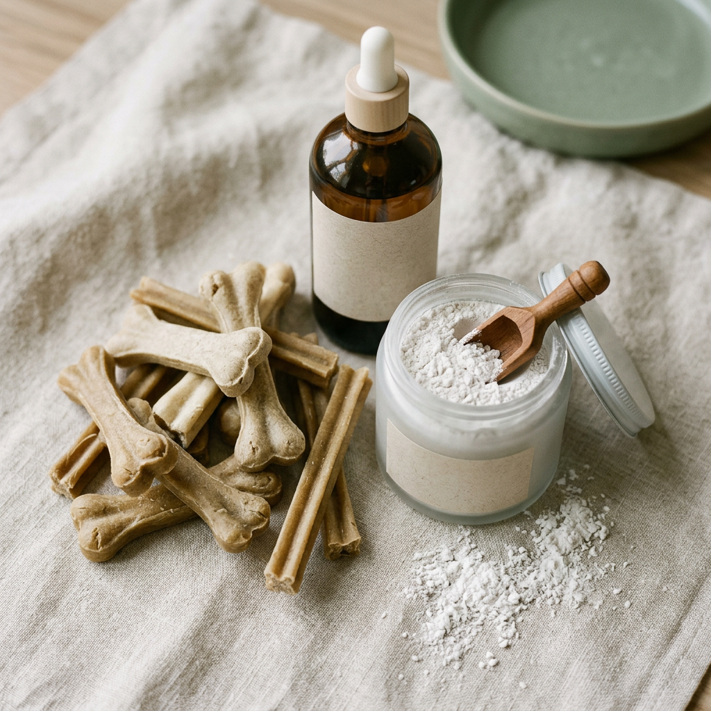 A separate dental chew, powder jar and water-additive bottle piled together — three products for one job