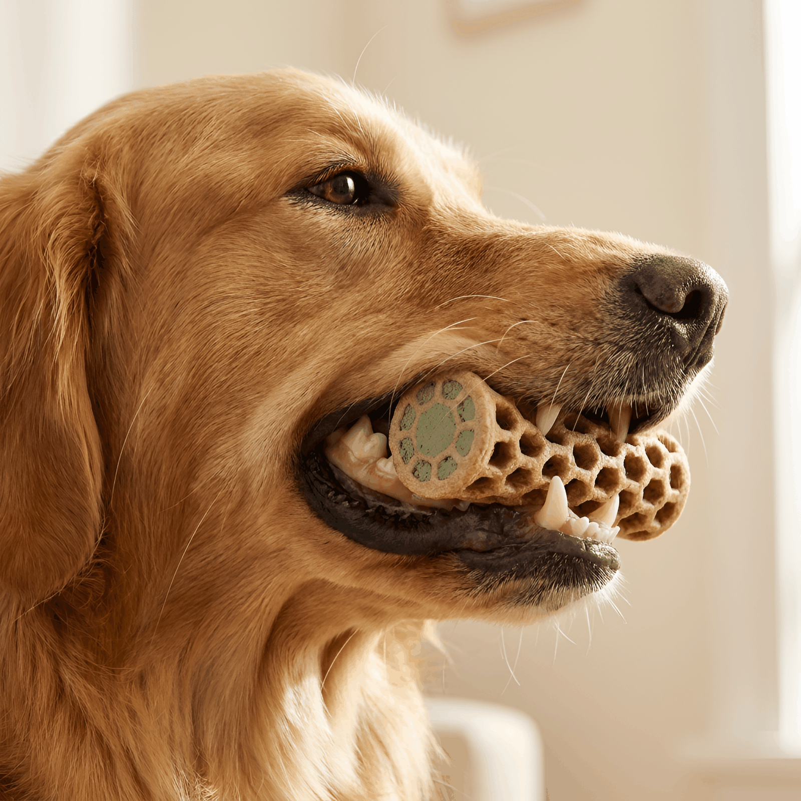 A dog's teeth sinking into the honeycomb cells of a Lucent chew, the green dental powder core visible